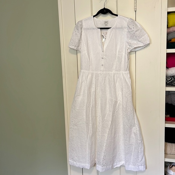 J.CREW Womens White Eyelet Puff Short Sleeve Below Knee Summer Dress Sz 8 - Picture 1 of 4
